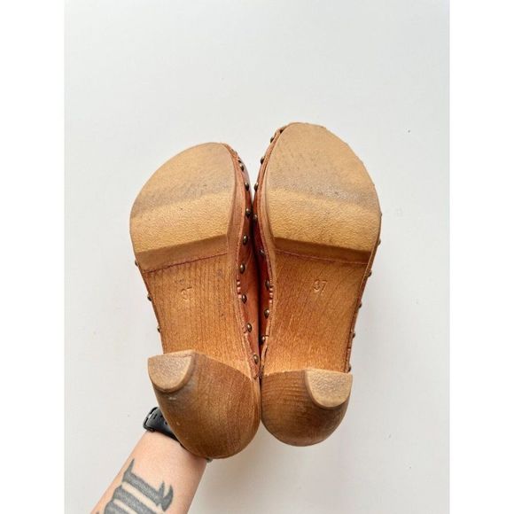 BOSABO Brown Leather Studded Wood Platform Heeled Clogs, Size 37 - Picture 12 of 15